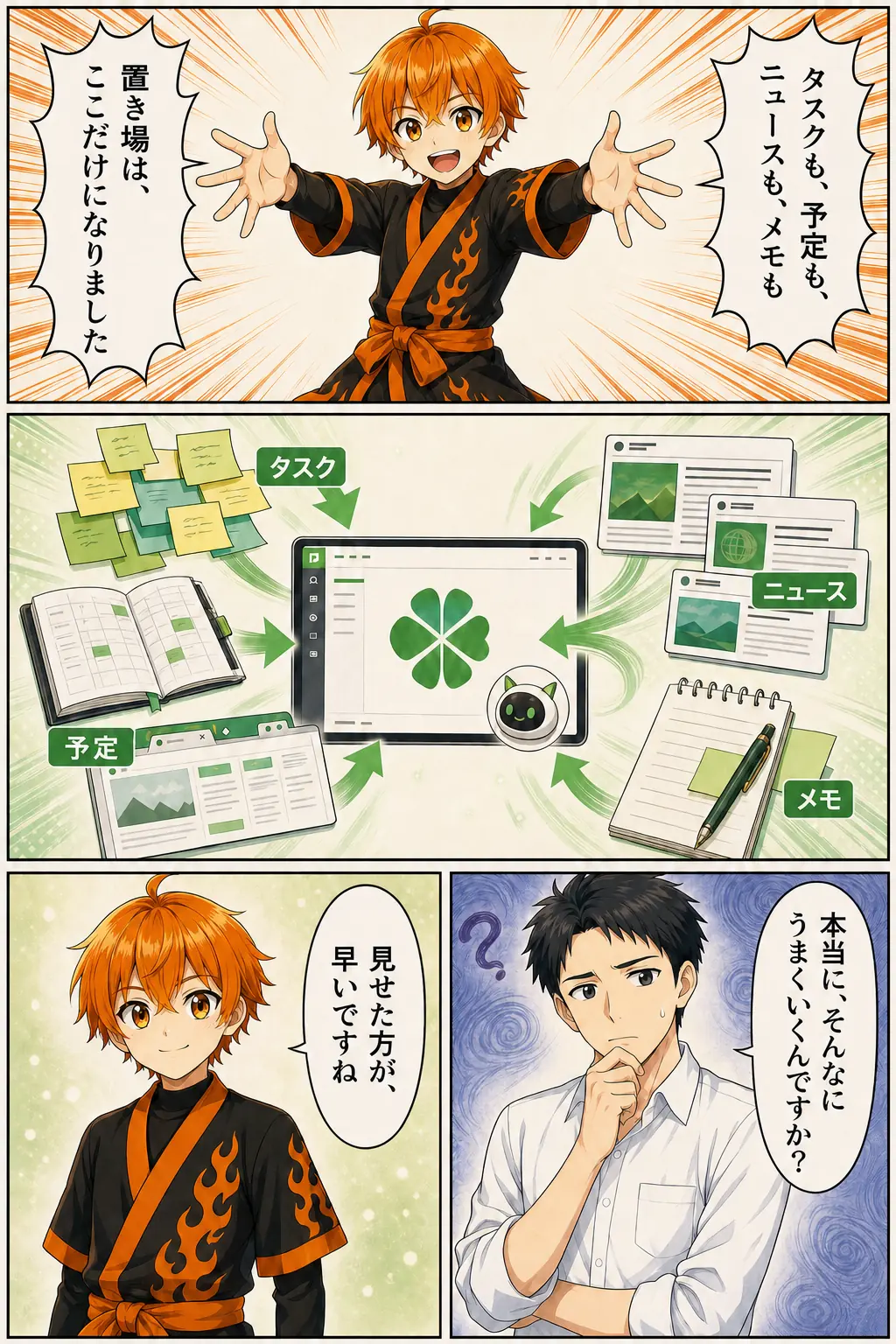 漫画: タスク・予定・ニュース・メモが1つの画面に吸い込まれる図解。「置き場は、ここだけになりました」