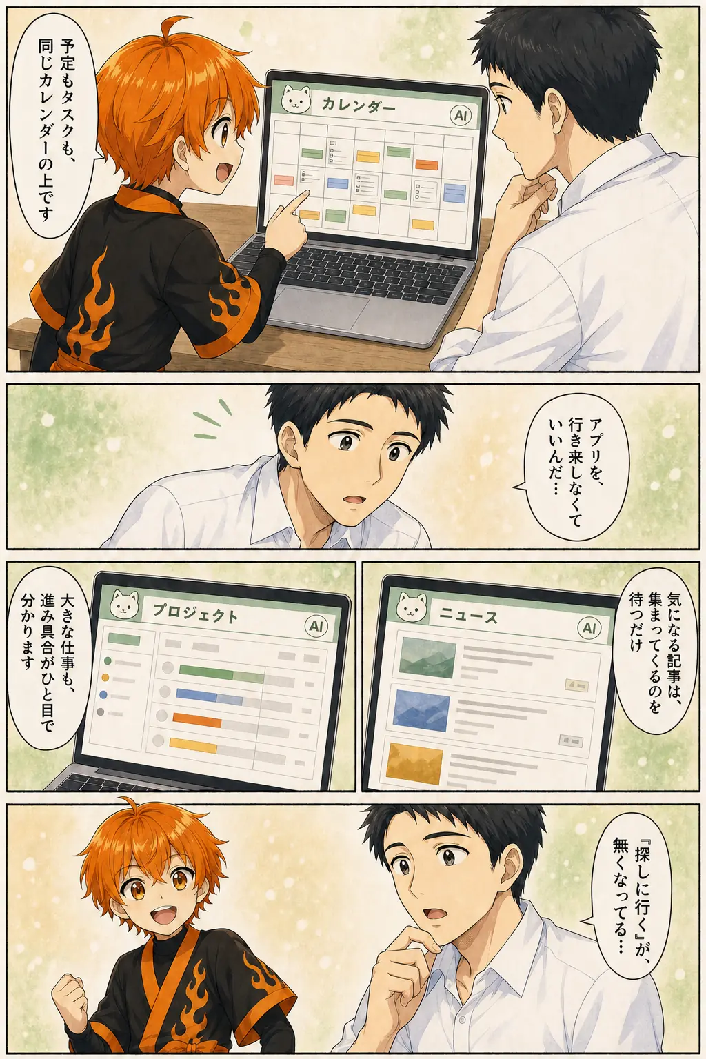 漫画: カレンダー・ニュース・プロジェクト画面の実演。予定もタスクも同じカレンダーの上に並び、気になる記事は集まってくるのを待つだけ