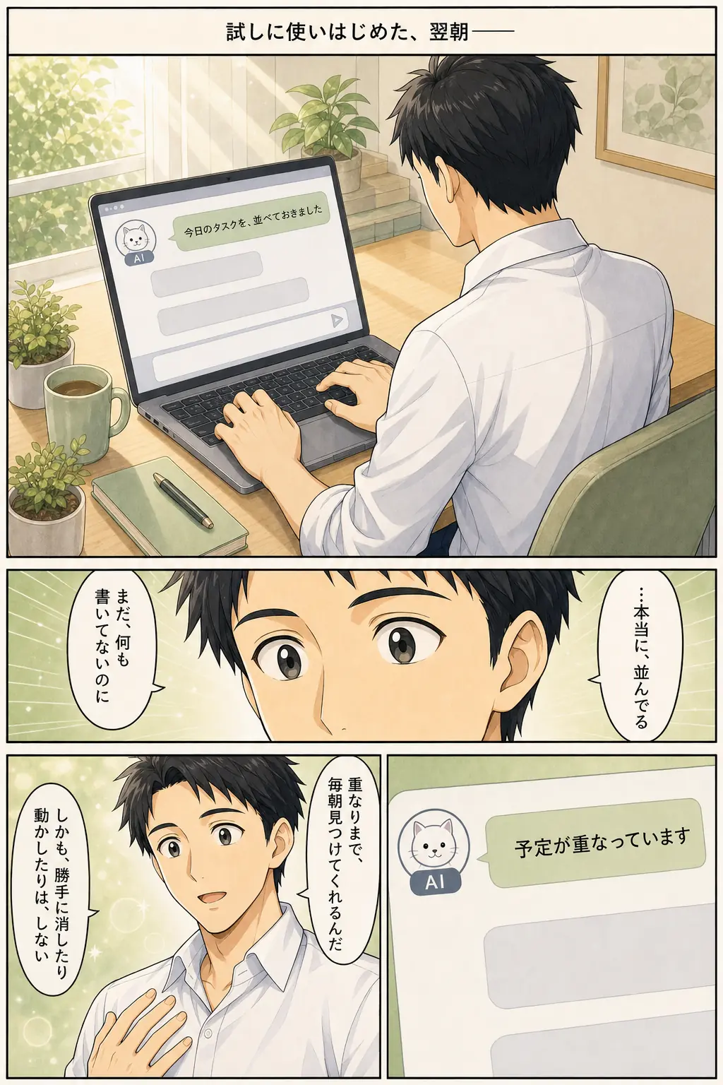 漫画: 導入した翌朝。まだ何も書いていないのに今日のタスクが並んでいて、主人公が驚く。予定の重なりも毎朝見つけてくれる