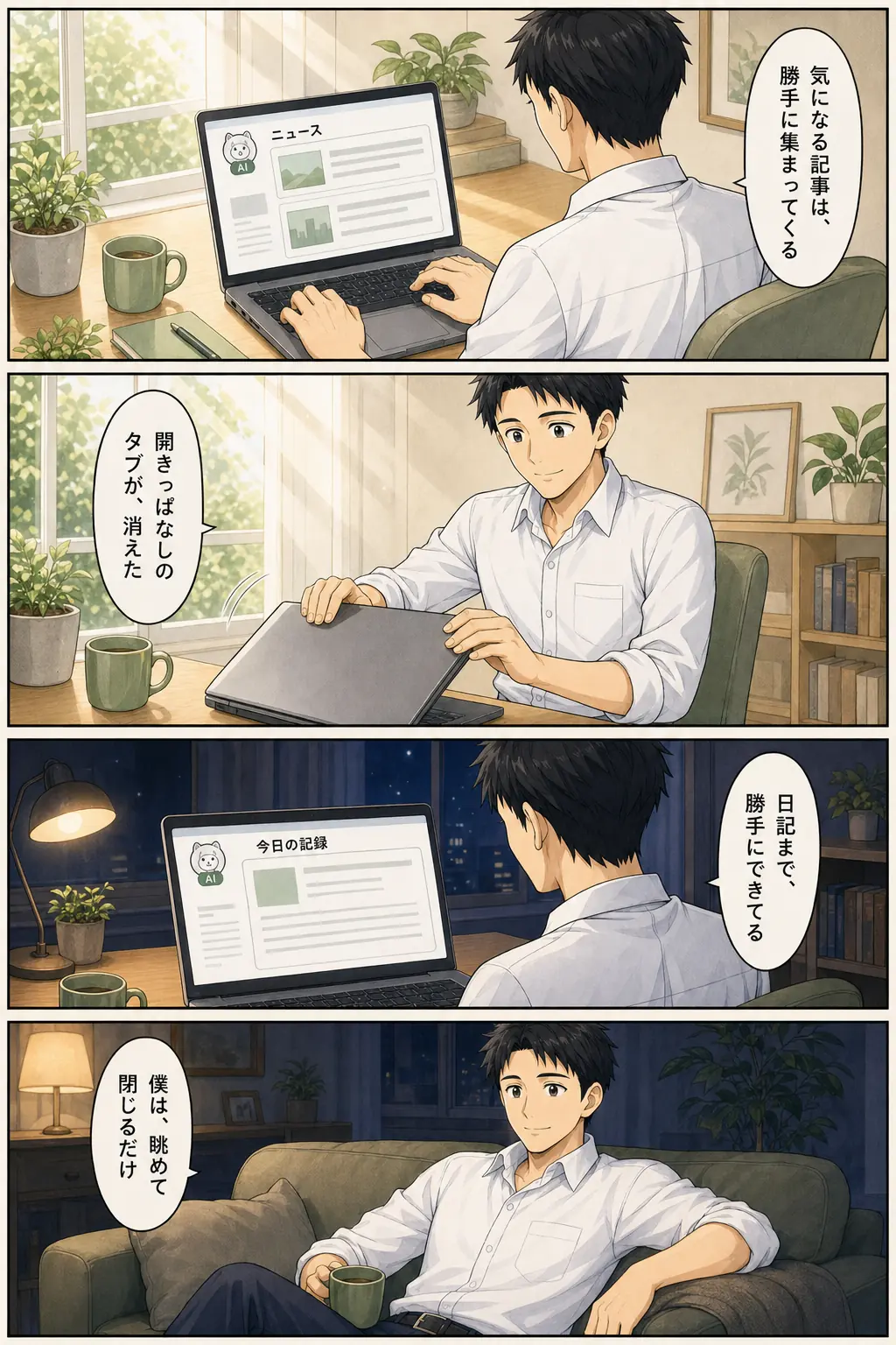 漫画: 昼は気になる記事が勝手に集まり、夜には日記が勝手にできあがる1日のタイムライン