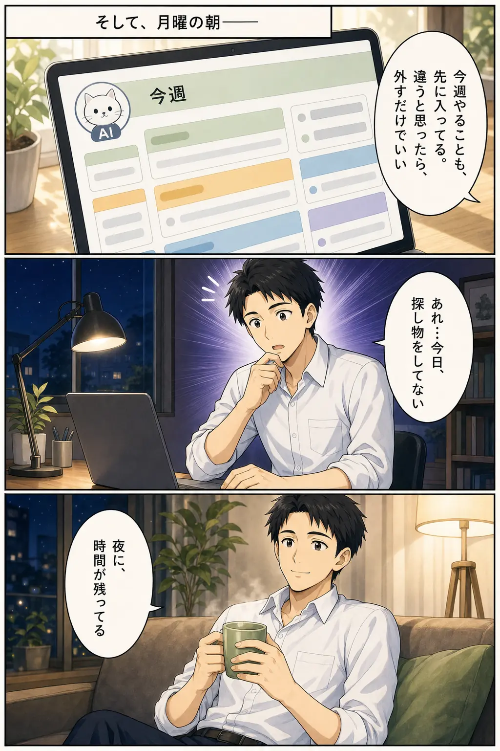 漫画: 月曜の朝には今週やることが先に入っている。「今日、探し物をしてない」と気づき、夜に時間が残る