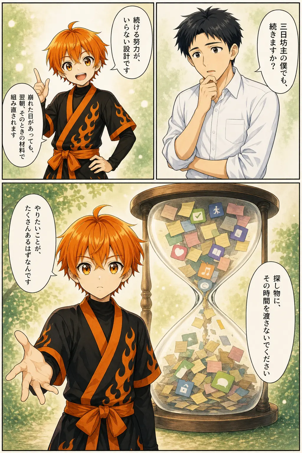 漫画: 「三日坊主の僕でも、続きますか？」への直答と砂時計の図解。「探し物に、その時間を渡さないでください」