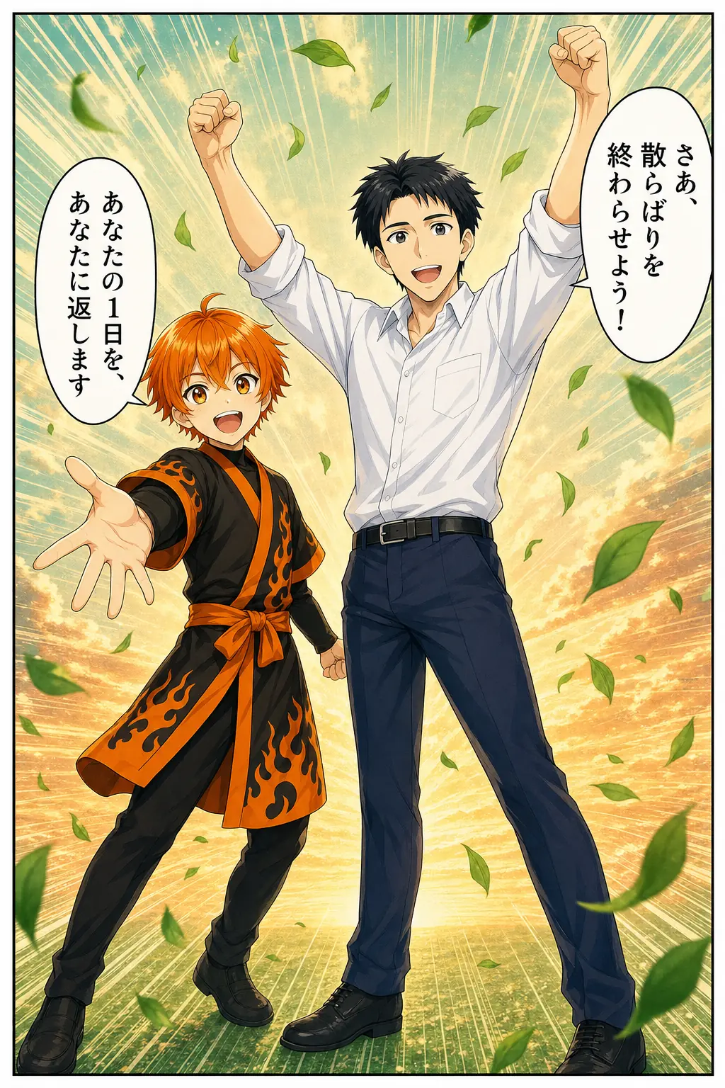 漫画: 朝焼けの中、二人の決めポーズ。「さあ、散らばりを終わらせよう！」